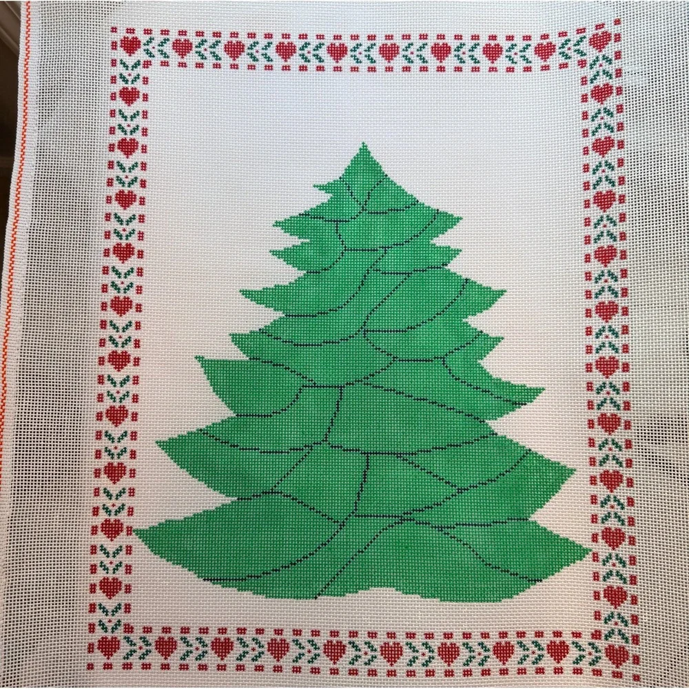 Vintage Needlepoint Canvas Christmas Tree Heart Border Cotton White 18x14 1980s